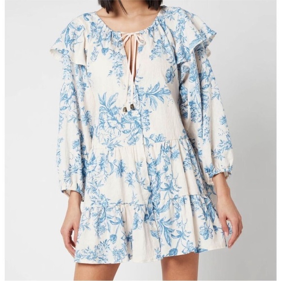 Free People Sunbaked Swing Mini Dress  Tea Combo Floral Tie Neck Ruffled size S - Picture 1 of 9
